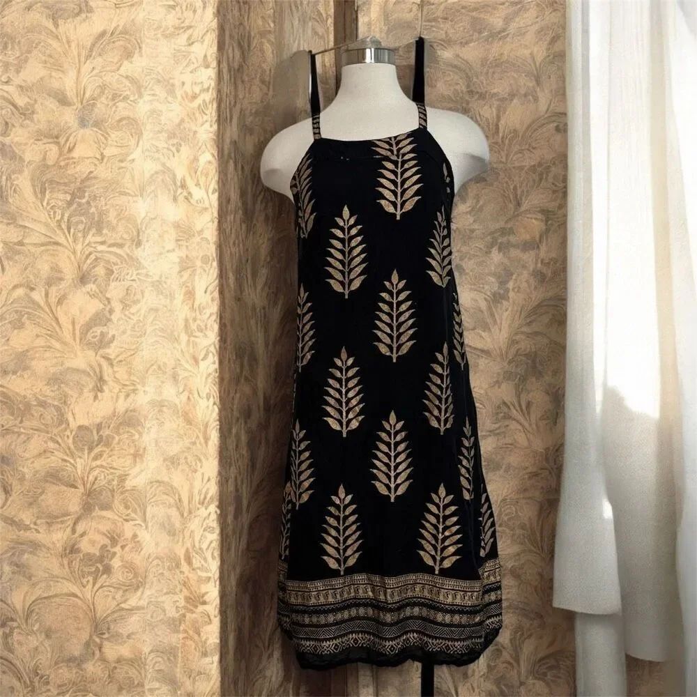Vintage Lapogee Black 1990s Hawaiian Dress Small Gold Leaf